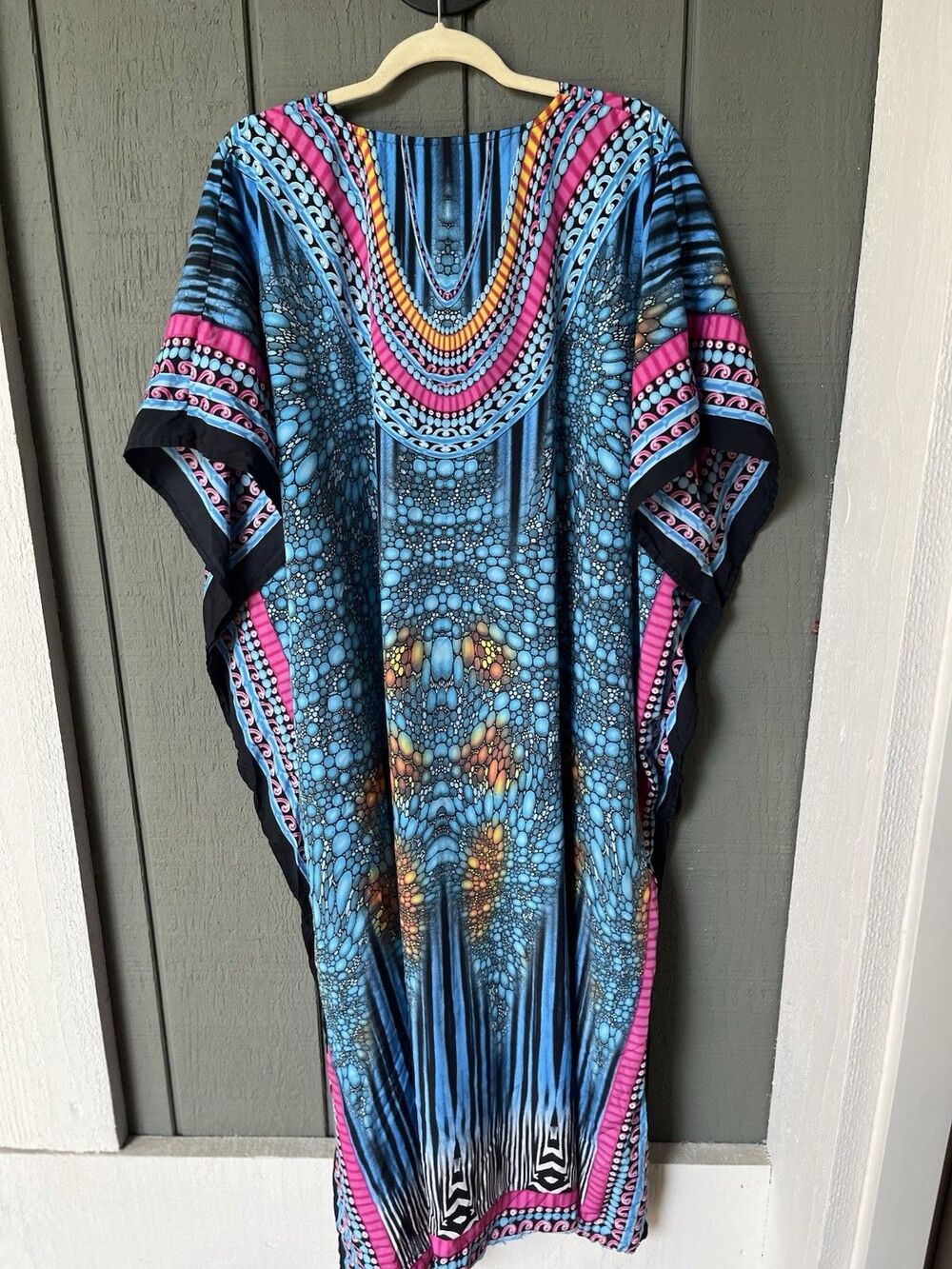 VTG Winlar Kaftan Dress Mumu Roper Romp Blue/Pink/Black Floral/Tribal Print - Picture 2 of 8